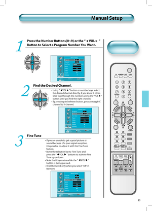 Page 22PR
PRV
O
L V
O
L
MENU
PREVPRSCREENSIZE
23
Manual SetupManual Setup
Press the Number Buttons(0~9) or the “VOL ” 
Button to Select a Program Number You Want.
1
Picture
Sound
Screen
Feature
InstallManual Setup
Program 01
Channel C06
Fine Tune    48
Name  – – – – –
Video PAL
Audio D/K
Search  
Memory  
Move Adjust Exit
Adjust0~9
Find the Desired Channel.
•  Using  “VOL” button or number keys, select 
the desired channel directly, if you know it other-
wise step through the numbers using the “VOL
” 
button...