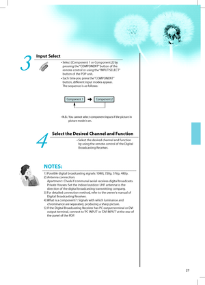 Page 26COMPONENT
Component 1   Component 2
27
Input Select
•  Select [Component 1 or Component 2] by
pressing the “COMPONENT” button of the
remote control or using the “INPUT SELECT”
button of the PDP unit.
•  Each time you press the “COMPONENT” 
button, diﬀerent input modes appear. 
The sequence is as follows:
3
Select the Desired Channel and Function
•  Select the desired channel and function
by using the remote control of the Digital
Broadcasting Receiver.
4
NOTES:
1) Possible digital broadcasting signals:...