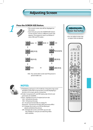 Page 4614:9
LB(14:9)
LBS(14:9)
LB(16:9)
Auto16:94:3
Panorama
LBS(16:9)
• N.B. :  You cannot select screen size if the picture in
picture mode is on.
47
Adjusting ScreenAdjusting Screen
•  You can adjust screen size 
or aspect ratio as desired.
Adjusting with
Screen Size button
Press the SCREEN SIZE Button.
•  The current screen size will be displayed on 
the screen.
•  Each time you press the SCREEN SIZE button 
on the remote control, a diﬀerent screen size 
appears. The sequence used is as follows in 
case of...