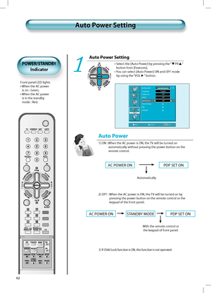 Page 6162
Auto Power Setting
•  Select the [Auto Power] by pressing the “PR” 
button from [Features].
•  You can select [Auto Power] ON and OFF mode 
by using the “VOL
” button.
1
Auto Power SettingAuto Power Setting
Auto Power
1) ON :  When the AC power is ON, the TV will be turned on 
automatically without pressing the power button on the 
remote control.
2) OFF :  When the AC power is ON, the TV will be turned on by
pressing the power button on the remote control or the 
keypad of the front panel.
Picture...