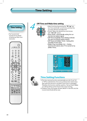 Page 6364
Oﬀ-Time and Wake time setting
•  Select Functions by pressing the “PR” but-
ton. First, set [Clock]- current time, and then You 
can setup oﬀ-time and wake time.
•  [Clock] : Adjust the desired hour and minute 
with “◄VOL►” button. 
•  [Auto Clock] : Automatically setting the cur-
rent time by teletext signal.
•  [Off Time] and [Wake Time] Setting methods 
are same as [Clock] setting method.
•  [Off Timer] and [Wake Timer] : Setting [On] 
and [Off] of each Timer.
•  [Wake Prog.] and [Wake Vol. ] :...