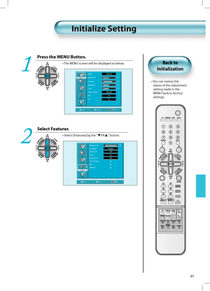 Page 6667
Initialize SettingInitialize Setting
Press the MENU Button.
• The MENU screen will be displayed as below.
1
Select Features
• Select [Features] by the “PR” button.
2
•  You can restore the
values of the adjustment
setting made in the
MENU back to factory
settings.
Back to
Initialization
Picture
Sound
Screen
Feature
InstallMode Normal 
Brightness  32
Contrast  48
Sharpness  32
Color  32
Colour Temp.  Normal
N.R. On
CTI On
Move SelectExit
Picture
Sound
Screen
Feature
InstallBackground  10
Language...