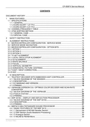 Page 2CP-850FX Service Manual 
 
Europe R&D 
1 CONTENTS
 
 
DOCUMENT HISTORY ................................................................................................................. 5
 
1 MAIN FEATURES...................................................................................................................6 
1.1 SPECIFICATIONS .............................................................................................................. 6 
1.1.1...