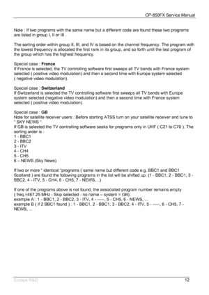 Page 13CP-850FX Service Manual 
 
Europe R&D 
12  
Note : If two programs with the same name but a different code are found these two programs 
are listed in group I, II or III . 
 
The sorting order within group II, III, and IV is based on the channel frequency. The program with 
the lowest frequency is allocated the first rank in its group, and so forth until the last program of 
the group which has the highest frequency. 
 
Special case : France 
If France is selected, the TV controlling software first...