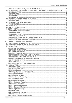 Page 3CP-850FX Service Manual 
 
Europe R&D 
2 4.4.1.5
 German 2-Carrier System (DUAL FM System) ......................................................... 30 
4.5 TDA4470 - MULTISTANDARD VIDEO-IF AND QUASI PARALLEL SOUND PROCESSOR....... 33 
4.5.1 DESCRIPTION............................................................................................................ 33 
4.5.2 FEATURES.................................................................................................................. 33 
4.5.3...