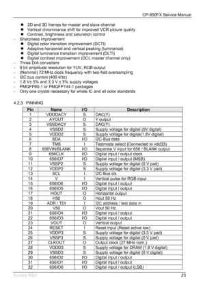 Page 24CP-850FX Service Manual 
 
Europe R&D 
23 z  2D and 3D frames for master and slave channel 
z  Vertical chrominance shift for improved VCR picture quality 
z  Contrast, brightness and saturation control 
- Sharpness improvement 
z  Digital color transition improvement (DCTI) 
z  Adaptive horizontal and vertical peaking (luminance) 
z  Digital luminance transition improvement (DLTI) 
z  Digital contrast improvement (DCI, master channel only) 
-  Three D/A converters 
-  9 bit amplitude resolution for YUV,...