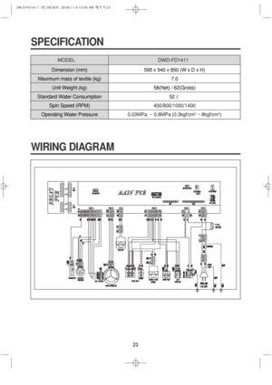 Page 2323
Dimension (mm)
Maximum mass of textile (kg)
Unit Weight (kg)
Standard Water Consumption
Spin Speed (RPM)
Operating Water Pressure595 x 540 x 850 (W x D x H)
7.0
58(Net) / 62(Gross)
52
400/800/1000/1400
0.03MPa  ~ 0.8MPa (0.3kgf/cm
2~ 8kgf/cm2) MODEL DWD-FD1411
SPECIFICATION
WIRING DIAGRAM
 