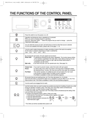 Page 99
Press this switch to turn the power on or off.
Operation and temporary stop is repeated as it is pressed.
When you want to change program in operating;
press the “Start/Hold” button #Select the program that you want to change #press the
“Start/Hold” button again.
You can select the course you want, and each lamp is turned on when that course is selected.
For the more detailed information, please refer to the page 11~18.
It can be used to adjust temperature of water according to types of the load to be...