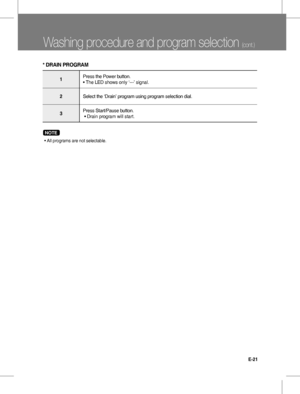 Page 21E-21
Washing procedure and program selection (cont.)
NOTE  
 •  
All programs are not selectable.
1Press the Power button.
•  The LED shows only ‘---’ signal.
2Select the ‘Drain’ program using program selection dial.
3Press Start/Pause button.
 •   Drain program will start.
* DRAIN PROGRAM
 