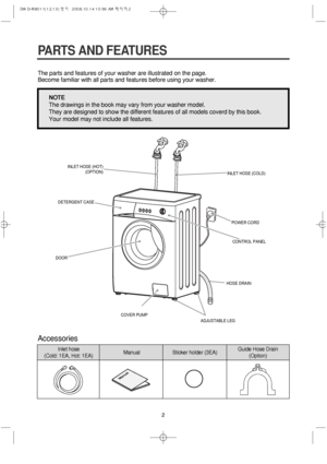 Page 22
PARTS AND FEATURES
The parts and features of your washer are illustrated on the page.
Become familiar with all parts and features before using your washer.
Accessories
NOTE
The drawings in the book may vary from your washer model.
They are designed to show the different features of all models coverd by this book.
Your model may not include all features.
Inlet hose 
(Cold: 1EA, Hot: 1EA)Manual Sticker holder (3EA)Guide Hose Drain
(Option)
ADJUSTABLE LEG
CONTROL PANEL
DOOR
DETERGENT CASE
INLET HOSE...