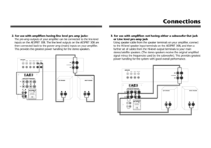 Page 53. For use with amplifiers not having either a subwoofer Out jack
or Line level pre-amp jack
Using speaker cable from the speaker terminals on your amplifier, connect
to the Hi-level speaker input terminals on the AESPRIT 308, and then a 
further set of cables from the Hi-level output terminals to your main
stereo/satellite speakers. (The stereo speakers receive the original amplified
signal minus the frequencies used by the subwoofer). This provides greatest
power handling for the system with good...