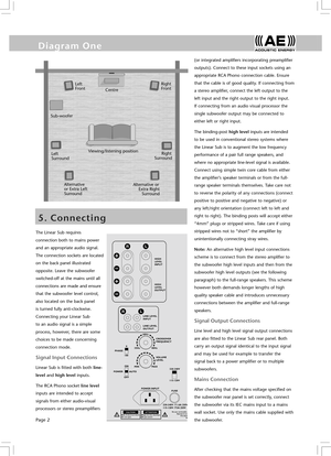 Page 4Page 2
D i a g r a m   O n e6 .   C o n t r o l s   &   S y s t e m   S e t u p
The Linear Sub requires 
connection both to mains power 
and an appropriate audio signal. 
The connection sockets are located 
on the back panel illustrated 
opposite. Leave the subwoofer 
switched-off at the mains until all 
connections are made and ensure 
that the subwoofer level control, 
also located on the back panel 
is turned fully anti-clockwise. 
Connecting your Linear Sub 
to an audio signal is a simple 
process,...