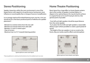 Page 44
Home Theatre Positioning
Room layout has a large efect on home theatre systems
due to the number of speakers involved. Below is a
diagram of an optimal layout, this may be hard to achieve
in a typical home so it is worth trying to stick to a few
general points if possible -
· Front left and right speakers should be equal distance
from the centre speaker
·Try to place the front left and right speakers a reasonable
distance apart (where possible) to create a good spread of
sound.
· The height of the rear...