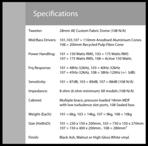 Page 6Specifcations
Tweeter:  28mm AE Custom Fabric Dome (108 N/A)
Mid/Bass Drivers:  101,103,107 = 110mm Anodised Aluminium Cones
    108 = 200mm Recycled Pulp Fibre Cone
Power Handling:  101 = 150 Watts RMS, 103 = 175 Watts RMS
    107 = 175 Watts RMS, 108 = Active 150 Watts
Frq Response:  101 = 48Hz-32kHz, 103 = 40Hz-32kHz
    107 = 45Hz-32kHz, 108 = 38Hz-120Hz (+/- 3dB)
Sensitivity:  101 = 87dB, 103 = 89dB, 107 = 88dB (108 N/A) 
Impedance:  8 ohm (6 ohm minimum) All models (108 N/A)
Cabinet:    Multiple...
