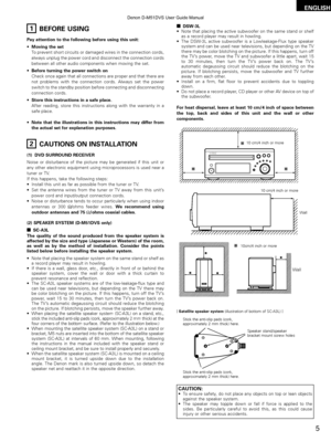 Page 55
ENGLISH
1BEFORE USING
Pay attention to the following before using this unit:
•Moving the set
To prevent short circuits or damaged wires in the connection cords,
always unplug the power cord and disconnect the connection cords
between all other audio components when moving the set.
• Before turning the power switch on
Check once again that all connections are proper and that there are
not problems with the connection cords. Always set the power
switch to the standby position before connecting and...