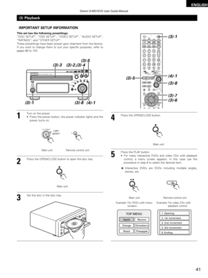 Page 41ENGLISH
41
IMPORTANT SETUP INFORMATION
This set has the following presettings: 
“DISC SETUP”, “OSD SETUP”, “VIDEO SETUP”,  “AUDIO SETUP”,
“RATINGS”, and “OTHER SETUP”.
These presettings have been preset upon shipment from the factory.
If you wish to change them to suit your specific purposes, refer to
pages 88 to 100.
1
2
3
ON
ON / STANDBY
Turn on the power.
• Press the power button, the power indicator lights and the
power turns on.
Press the OPEN/CLOSE button to open the disc tray.
Set the disc in the...