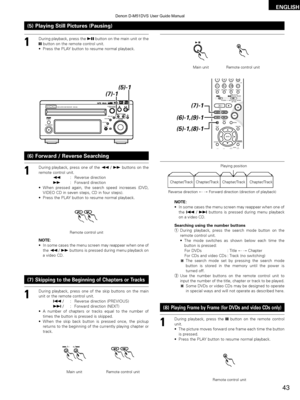 Page 43ENGLISH
43
1
During playback, press the 13button on the main unit or the3button on the remote control unit.
• Press the PLAY button to resume normal playback.3
Main unit Remote control unit
(5) Playing Still Pictures (Pausing)
B
BAND
PHONES
VOLUME
ON / STANDBY DVD SURROUND RECEIVER   ADV-M51TONE / SDB
FUNCTION MENU / SET+-
SURROUND / SELECTPUSH - PARAM.
(7)-1
(5)-1
+
-
A / V
3S TAT U S
SETUP TONE / SDB FUNCTION
SURROUND
INPUT MODE
TEST TONE
DVD CH
987
0
/ 10CALL
ENTER
MUTING
+
10
SYSTEM MD
CDR TAPE
TUNER...