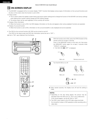 Page 6262
ENGLISH
• The ADV-M51 is equipped with an on-screen display (“OSD”) function that\
 displays various types of information on the surround functions andthe disc on the screen when the function is set to DVD.
q Setup screen
• This is used to select the speaker system being used (quick system sett\
ing) and to change the function of the ADV-M51 and various settings
when playing discs (system setting change and DVD setting change).
• The setup screen can be used regardless of the currently set function.
w...