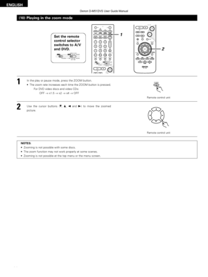 Page 8080
ENGLISH
NOTES:
•Zooming is not possible with some discs.
• The zoom function may not work properly at some scenes.
• Zooming is not possible at the top menu or the menu screen. In the play or pause mode, press the ZOOM button.
•
The zoom rate increases each time the ZOOM button is pressed.
For DVD video discs and video CDs: OFF  Æx1.5  Æx2  Æx4  ÆOFF
ZOOM+EDIT /
MENU
TV CH
Remote control unit
Use the cursor buttons ( \f, •, 0and 1) to move the zoomed
picture.
Remote control unit
(10) Playing in the...