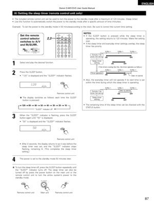 Page 8787
ENGLISH
•The included remote control unit can be used to turn the power to the st\
andby mode after a maximum of 120 minutes. (Sleep timer )
• Use this function to automatically switch the power to the standby mode \
after a specific amount of time (minutes).
Example:  To set the power to the standby mode in 50 minutesaccording to the clock.\
 Be sure to correct the current time setting .
(6) Setting the sleep timer (remote control unit only)
1Select and play the desired function.
2Press the SLEEP...