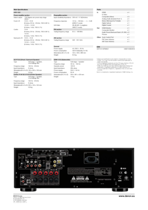 Page 2www.denon.eu
*	Design	and	specifications	are	subject	to	change	without	notice.
*	“Dolby”,	“Pro	Logic”	and	the	double-D	symbol	are	trademarks	of	
	 Dolby	Laboratories.
*	DTS	is	a	registered	trademark	and	the	DTS	logos,	Symbol,	DTS-HD	
	 and	DTS-HD	Master	Audio	are	trademarks	of	DTS,	Inc.
*	HDMI,	the	HDMI	logo	and	High-Definition	Multimedia	Interface	are
	 trademarks	or	registered	trademarks	of	HDMI	Licensing	LLC.
*	iPod	is	a	trademark	of	Apple	Inc.,	registered	in	the	U.S.	and	other
	 countries.
Denon	is	a...