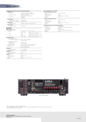 Page 2Input/Output Terminals for Every A/V System (AVR-1306)
Audio Inputs
8 Analog Inputs  CD, (TUNER), DVD/VDP, TV/DBS,
AUX, VCR, CDR/TAPE, V.AUX(FRONT)
6 Analog EXT. Inputs FRONT L/R, CENTER, 
SURROUND L/R, SUBWOOFER
3 Digital Inputs  OPTICAL X 1
COAXIAL X 2
Audio Outputs
1 Analog PRE OUT Terminal SUBWOOFER
2 Analog REC OUT Terminals VCR, CDR/TAPE
Video Inputs
4 Composite Inputs DVD/VDP, TV/DBS, VCR, V.AUX (FRONT)
Video Outputs
2 Composite Outputs VCR, MONITOR
Specifications

AVR-1306
Power Amplifier...