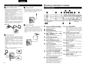 Page 108108
ITALIANO
(3) Collegamento delle antenneL’antenna a telaio AM dalle elevate prestazioni, in
dotazione con l’unità, è sufficiente per ottenere una
buona ricezione in quasi tutte le zone. 
Per posizionare l’antenna a telaio su una superficie,
fissare il fermo nella scanalatura. 
Collegare i fili dell’antenna a telaio ai terminali
dell’antenna AM come mostrato. 
(Collegare il filo bianco al terminale superiore e il filo
nero al terminale inferiore). 
È possibile posizionare l’antenna su un ripiano o...