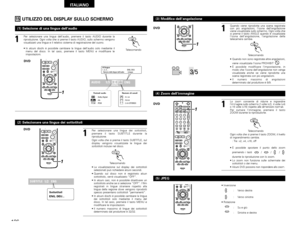 Page 126126
ITALIANO
AUDIO
ENG
 1/3   
DIGITAL
PCM
UTILIZZO DEL DISPLAY SULLO SCHERMO
+--
+
RC-973STATUS
RETURN
ANGLE AUDIO
SUB TITLE
SETUP
TONE /DIMMER
DVDENTER
MUTING
DISPLAY MENUTOP MENUVCR CH
PBCSURROUND SURROUNDPARAME
AMETER
CH SELECT
1
1
Per selezionare una lingua dell’audio, premere il tasto AUDIO durante la
riproduzione. Ogni volta che si preme il tasto AUDIO, sullo schermo vengono
visualizzati una lingua e il relativo sistema di registrazione del suono.
AUDIO
(1) Selezione di una lingua dell’audio...