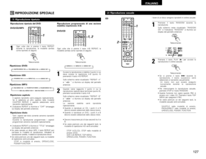 Page 127127
ITALIANO
RIPRODUZIONE SPECIALE
++--
+
A-B REPEATON OFF
REPEAT RANDOM CLEAR ZOOM
PROG/ DIRECT
MEMO BAND MODE
TUNER
CH
3 2 1
6 5 4
9 8 7
NTSC/PAL SLEEP
T V  IN
TUNING /
T V VOL TV CH TV CHVCR PWR PWR
TVSURROUNDPARAMETERCT RT PTY RDS
TV
DVD TUNER
VIDEO 1 VIDEO 2
1
(1) Riproduzione ripetuta1
Ogni volta che si preme il tasto REPEAT
durante la riproduzione, la modalità cambia
come riportato di seguito:
REPEAT
MEMOVIDEO 1
Riproduzione ripetuta del DVD
DVD/CD/MP3
Telecomando
Repeat (DVD)
Repeat (CD)
Repeat...