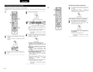 Page 128128
ITALIANO
(3) Riproduzione programmata (CD)
+-+-+--
+-
+
RC-973
A / VA-B REPEATON OFF
REPEAT RANDOM CLEAR ZOOM
PROG/ DIRECT
MEMO BAND MODE
STATUS
RETURN
ANGLE AUDIO
SUB TITLE
SETUP
TONE /DIMMERFUNCTION SURROUND INPUT MODE TEST TONE
DVDTUNER
CH3 2 1
6 5 4
9 8 7
0/
10ENTER
MUTING+
10
DISPLAY MENU
TOP MENUTUNER TV / VCR NTSC/PAL SLEEP
T V  IN
TUNING /
T V VOL TV CH TV CH
VCR CHAV AMP DVD
VCR PWR PWR
TV
PBC
CALL
SURROUND SURROUNDPAR
ARAMETER
CH SELECTCT RT PTY RDSTV
DVD TUNER
VIDEO 1 VIDEO 2
1
23 4
CDÈ...