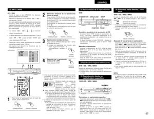 Page 157157
ESPAÑOL
..
ROOT
DIR
DIR
DIR001
002
003
004
005
006
007
0
1
2
3
4
5
6
7
(2) MP3 / WMAMP3 / WMA
Cuando se carga un disco MP3/WMA, los directorios
grabados aparecerán en la pantalla.
Seleccione un directorio con los botones  / y
pulse el botón “ENTER”. 
En la parte derecha de la pantalla aparecerá una lista de los
números y títulos (nombres de archivo) de las pistas.
Seleccione una pista y pulse el botón “ENTER” o el botón
PLAY. A continuación la reproducción se iniciará desde la
pista seleccionada....