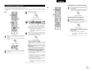 Page 161161
ESPAÑOL
(3) Reproducción de programa (CD)
+-+-+--
+-
+
RC-973
A / VA-B REPEATON OFF
REPEAT RANDOM CLEAR ZOOM
PROG/ DIRECT
MEMO BAND MODE
STATUS
RETURN
ANGLE AUDIO
SUB TITLE
SETUP
TONE /DIMMERFUNCTION SURROUND INPUT MODE TEST TONE
DVDTUNER
CH3 2 1
6 5 4
9 8 7
0/
10ENTER
MUTING+
10
DISPLAY MENU
TOP MENUTUNER TV / VCR NTSC/PAL SLEEP
T V  IN
TUNING /
T V VOL TV CH TV CH
VCR CHAV AMP DVD
VCR PWR PWR
TV
PBC
CALL
SURROUND SURROUNDPAR
ARAMETER
CH SELECTCT RT PTY RDSTV
DVD TUNER
VIDEO 1 VIDEO 2
1
23 4
CDHasta...