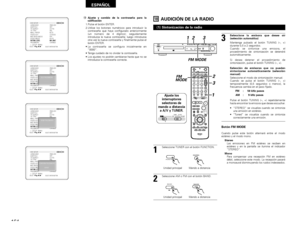 Page 164164
ESPAÑOL
B
LANGUAGE ENGLISH
SUBTITLE OFF
TV ASPECT 4:3 PS
TV TYPE PAL
WALL PAPER BLUE
VIDEO OUT S-VIDEO
MID-NIGH MODE OFFRATING LEVEL NO LIMITPASSWORD CHANGE
>
  SETUP  MENU
SELECT:ENTER BUTTON SELECT :
DVD SETUPVIDEO MODE AUTO
!0Ajuste y cambio de la contraseña para la
calificación
1.Pulse el botón ENTER.
2.Utilice los botones numéricos para introducir la
contraseña que haya configurado anteriormente
(un número de 4 dígitos); seguidamente
introduzca la nueva contraseña; luego introduzca
otra vez la...