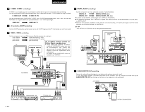 Page 172172
NEDERLANDS
B
S-VIDEO- of VIDEO-aansluitingen
S-VIDEO is uw tweede keus en is van betere kwaliteit dan de gewone composiet-video-aansluiting. 
Als de component S-VIDEO-aansluitingen heeft, sluit u deze aan met een S-VIDEO-kabel van hoge kwaliteit.
S-VIDEO OUT S-VIDEO IN (TV)
Als de component noch COMPONENT VIDEO- noch S-VIDEO-aansluitingen heeft, sluit u hem aan met een
RCA-kabel van hoge kwaliteit die speciaal bedoeld is voor videotoepassingen.
VIDEO OUT VIDEO IN (TV)
VIDEO IN
S-VIDEO IN
B
R OUT...