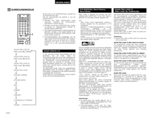 Page 188188
NEDERLANDS
12
SURROUNDMODUS
+-+-+--
+
A / VA-B REPEATON OFF
REPEAT RANDOM CLEAR ZOOM
PROG/ DIRECT
MEMO BAND MODE
S TAT U SFUNCTION SURROUND INPUT MODE TEST TONE
DVDTUNER
CH
3 2 1
6 5 4
9 8 7
0
/
10
+
10TUNER TV / VCR NTSC/PAL SLEEP
TV  IN
TUNING /
T V VOL TV CH TV CH
AV AMP DVD
VCR PWR PWR
TV
CALL
SURROUNDPARAMETERCT RT PTY RDS
TV
DVD TUNER
VIDEO 1 VIDEO 2
1
DOLBY PRO LOGIC
 II 
   (PRO LOGIC 
IIx) CINEMA
DOLBY PRO LOGIC
 II 
 (PRO LOGIC 
IIx) MUSIC
DOLBY PRO LOGIC
 II 
(PRO LOGIC
 IIx) GAME
DOLBY...