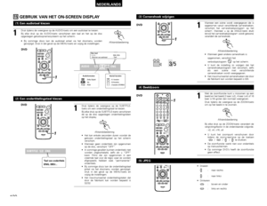 Page 192192
NEDERLANDS
15
GEBRUIK VAN HET ON-SCREEN DISPLAY
+--
+
RC-973STATUS
RETURN
ANGLE AUDIO
SUB TITLE
SETUP
TONE /DIMMER
DVDENTER
MUTING
DISPLAY MENUTOP MENUVCR CH
PBCSURROUND SURROUNDPARAME
AMETER
CH SELECT
1
1
Druk tijdens de weergave op de AUDIO-toets om een audiotaal te kiezen.
Bij elke druk op de AUDIO-toets verschijnen een taal en het op de disc
opgeslagen geluidsopnamesysteem op het scherm.
AUDIO
(1) Een audiotaal kiezen
Afstandsbediening
DVD•Bij sommige discs kan de audiotaal enkel via het discmenu...