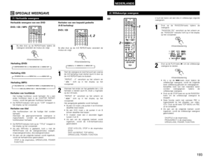 Page 193193
NEDERLANDS
16
SPECIALE WEERGAVE
++--
+
A-B REPEATON OFF
REPEAT RANDOM CLEAR ZOOM
PROG/ DIRECT
MEMO BAND MODE
TUNER
CH
3 2 1
6 5 4
9 8 7
NTSC/PAL SLEEP
T V  IN
TUNING /
T V VOL TV CH TV CHVCR PWR PWR
TVSURROUNDPARAMETERCT RT PTY RDS
TV
DVD TUNER
VIDEO 1 VIDEO 2
1
(1) Herhaalde weergave1
Bij elke druk op de REPEAT-toets tijdens de
weergave verandert de modus als volgt:
REPEAT
MEMOVIDEO 1
Herhaalde weergave van een DVD 
DVD / CD / MP3
Afstandsbediening
Repeat (DVD)
Repeat (CD)
Repeat (MP3)
CHAPTER...