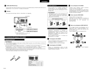 Page 206206
SVENSKA
• De röda kontakterna på ADV-500SD är de positiva “+” kontakterna, och de svarta de negativa “–”.
• Högtalarkabelns “+”-ände är markerad för att man ska kunna skilja den från kabelns “–” ände. Anslut denna
markerade ände till den röda “+”-kontakten, och den omarkerade änden till den svarta kontakten.
• Förbered högtalarsladdarna innan du ansluter dem genom att skala bort ungefär 10 mm eller mindre (inte mer,
eftersom detta skulle kunna leda till kortslutning) av den yttre isoleringen.
Tvinna...