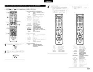 Page 209209
SVENSKA
(4) Namn och funktioner på fjärrkontrollens tangenter för ADV-500SD• Tangenterna i avsnitten q~ekan användas oavsett inställningen av lägesväljarna 1 och 2.
• Betrakta  och  som standardpositioner och koppla om när så behövs. 
DVD
A / V
+-+-+--
+
-
+
RC-973
A / VA-B REPEATON OFF
REPEAT RANDOM CLEAR ZOOM
PROG/ DIRECT
MEMO BAND MODE
S TAT U S
RETURN
ANGLE AUDIO
SUB TITLE
SETUP
TONE /DIMMERFUNCTION SURROUND INPUT MODE TEST TONE
DVDTUNER
CH
3 2 1
6 5 4
9 8 7
0
/
10ENTER
MUTING+
10
DISPLAY MENU...