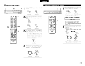 Page 219219
SVENSKA
11
GRUNDFUNKTIONER
1
2
-1
3
Tryck på POWER-knappen för att sätta på
enheten.
Välj en källa genom att trycka på FUNCTION-
tangenten.
Den valda källan visas på frontpanelens
display. 
DVD
TUNER
VIDEO 1
VIDEO 2
TV
Spela källan och skruva gradvis upp volymen till
önskad nivå med VOLUME-ratten på
huvudenheten eller tryck på VOLUME-
tangenten (+, –) på fjärrkontrollen (RC-973). 
STANDBY
DVDP.SCANDEXTITLE CHP
DVD SURROUND RECEIVER  ADV-500SDPHONESMASTER VOLUME
/SELECT
MEMORY BAND FM MODE...
