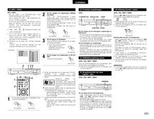 Page 223223
SVENSKA
..
ROOT
DIR
DIR
DIR001
002
003
004
005
006
007
0
1
2
3
4
5
6
7
(2) MP3 / WMAMP3 / WMA
När du sätter i en MP3/WMA-skiva visas
inspelningskatalogerna på skärmen. 
Välj en katalog med  /  -tangenterna och
tryck på “ENTER”-tangenten. 
En lista över spårnummer och titlar (filnamn) visas till
höger på skärmen. Välj ett spår och tryck på
“ENTER”- eller PLAY-tangenten. Avspelningen
startar från valt spår.
•/  /  /  -tangenterna fungerar inte
under avspelningen.
•Om du vill välja en annan katalog,...