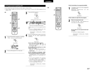 Page 227227
SVENSKA
(3) Programmerad avspelning (CD) 
+-+-+--
+-
+
RC-973
A / VA-B REPEATON OFF
REPEAT RANDOM CLEAR ZOOM
PROG/ DIRECT
MEMO BAND MODE
STATUS
RETURN
ANGLE AUDIO
SUB TITLE
SETUP
TONE /DIMMERFUNCTION SURROUND INPUT MODE TEST TONE
DVDTUNER
CH3 2 1
6 5 4
9 8 7
0/
10ENTER
MUTING+
10
DISPLAY MENU
TOP MENUTUNER TV / VCR NTSC/PAL SLEEP
T V  IN
TUNING /
T V VOL TV CH TV CH
VCR CHAV AMP DVD
VCR PWR PWR
TV
PBC
CALL
SURROUND SURROUNDPAR
ARAMETER
CH SELECTCT RT PTY RDSTV
DVD TUNER
VIDEO 1 VIDEO 2
1
23 4
CDDu...