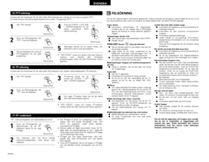 Page 232232
SVENSKA
19
FELSÖKNING 
Om du har något problem med denna apparat ber vi dig ta dig tiden att gå igenom denna tabell för att se om du
kan lösa problemet själv innan du kontaktar din återförsäljare eller närmaste DENON-säljställe. 
Ingen ström 2
Kontrollera anslutningen till vägguttaget.
Försäkra dig om att uttaget inte är frånkopplat
genom att ansluta en annan elektrisk apparat i
uttaget.
Avspelningen startar inte 
2
Sätt i skivan igen med etikettsidan vänd UPPÅT. .
2
Rengör skivan. 
FÖRBJUDET-ikonen...