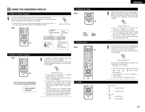 Page 27ENGLISH
27
15
USING THE ONSCREEN DISPLAY
+--
+
RC-973STATUS
RETURN
ANGLE AUDIO
SUB TITLE
SETUP
TONE /DIMMER
DVDENTER
MUTING
DISPLAY MENUTOP MENUVCR CH
PBCSURROUND SURROUNDPARAME
AMETER
CH SELECT
1
1
To select an audio language, press the AUDIO button during playback.
Each time you press the AUDIO button, a language and its sound recording
system included on the disc appears on the screen.
AUDIO
(1) Select an Audio Language
Remote control unit
DVD•Some discs allow you to change audio language only via the...