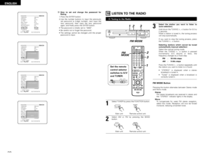 Page 3232
ENGLISH
B
LANGUAGE ENGLISH
SUBTITLE OFF
TV ASPECT 4:3 PS
TV TYPE PAL
WALL PAPER BLUE
VIDEO OUT S-VIDEO
MID-NIGH MODE OFFRATING LEVEL NO LIMITPASSWORD CHANGE
>
  SETUP  MENU
SELECT:ENTER BUTTON SELECT :
DVD SETUPVIDEO MODE AUTO
!0How to set and change the password for
Rating
1.Press the ENTER button.
2.Use the number buttons to input the previously
set password (a 4-digit number), next input the
new password, then input the new password
again, and finally press the ENTER button.
•The password is...