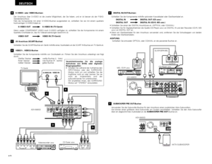 Page 4040
DEUTSCH
B
S-VIDEO- oder VIDEO-Buchsen
Der Anschluss über S-VIDEO ist die zweite Möglichkeit, die Sie haben, und er ist besser als der F-BAS-
Standardanschluss.
Falls die Komponente mit einer S-VIDEO-Buchse ausgestattet ist, schließen Sie sie mit einem qualitativ
hochwertigen S-VIDEO-Kabel an.
S-VIDEO OUT S-VIDEO IN (TV-Gerät)
Wenn weder COMPONENT VIDEO noch S-VIDEO verfügbar ist, schließen Sie die Komponente mit einem
Qualitäts-Cinchkabel an, das für Videoanwendungen bestimmt ist.
VIDEO OUT VIDEO IN...