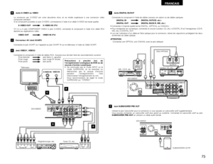 Page 73FRANCAIS
73
B
Jacks S-VIDEO ou VIDEO
La connexion par S-VIDEO est votre deuxième choix et se révèle supérieure à une connexion vidéo
composite standard.
Si le composant possède un jack S-VIDEO, connectez-le à l’aide d’un câble S-VIDEO de haute qualité.
S-VIDEO OUT S-VIDEO IN (TV)
S’il n’y a ni jack COMPONENT VIDEO ni jack S-VIDEO, connectez le composant à l’aide d’un câble RCA
destiné aux applications vidéo.
VIDEO OUT VIDEO IN (TV)
VIDEO IN
S-VIDEO IN
B
R OUT
VIDEOOUTL
AUDIO
R OUT IN
AUDIOVIDEO
OUT IN...