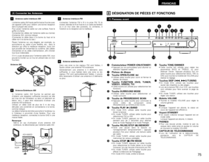 Page 75FRANCAIS
75
(3) Connecter les AntennesL’antenne cadre AM haute performance fournie avec
cet appareil suffit pour obtenir une bonne réception
dans la plupart des zones.
Pour poser l’antenne cadre sur une surface, fixez la
griffe à la fente.
Connectez les câbles de l’antenne cadre aux bornes
d’antenne AM, comme indiqué.
(Connectez le câble blanc à la borne du haut et le
câble noir à la borne du bas.)
Placez l’antenne sur une étagère, par exemple, ou
accrochez-la au cadre d’une fenêtre, etc., dans la...