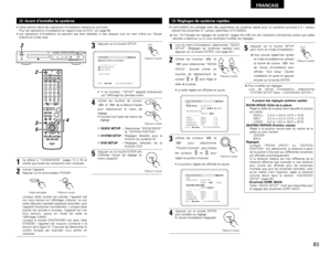 Page 83FRANCAIS
83
• Cette section décrit les opérations d’installation relative au surround.
Pour les opérations d’installation en rapport avec le DVD, voir page 96.
• Les opérations d’installation ne peuvent pas être réalisées si des disques sont en train d’être lus. Passer
d’abord en mode stop.(2) Avant d’installer le système
STANDBY
DVDP.SCANDEXTITLE CHP
DVD SURROUND RECEIVER  ADV-500SDPHONESMASTER VOLUME
/SELECT
MEMORY BAND FM MODE
TONE/DIMMER
FUNCTION ON/STANDTUNING
PROGRESSIVE 
SCAN SURROUND
MODE
2...