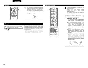 Page 8888
FRANCAIS
Sourdine
Télécommande
MUTING
1
Pour couper le son momentanément, appuyez
sur la touche MUTING. Appuyez de nouveau
sur la touche MUTING pour restaurer le son. Si
vous changez le volume pendant la sourdine ou
en mode réglage de qualité du son, la sourdine
sera annulée.
•Lorsque la sourdine est activée, le voyant
MUTE s’allume à l’écran.
--
+
RC-973S TAT U S
RETURN
ANGLE AUDIO
SUB TITLE
SETUP
TONE /DIMMER
ENTER
MUTING
DISPLAY MENUTOP MENUVCR CH
PBCSURROUND SURROUNDPARAMETER
CH SELECT
1
A / V...